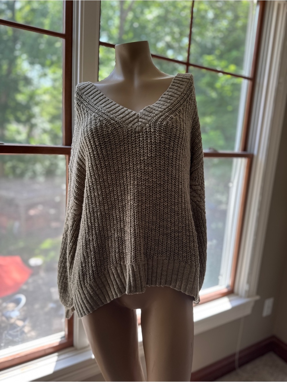 American Eagle Outfitters V-Neck Oversized Knit Sweater - Taupe